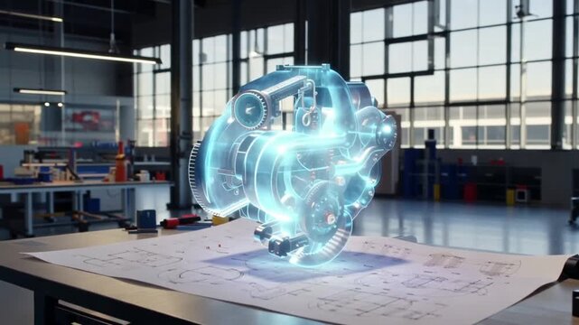 3D engine model on blueprint in industrial workshop