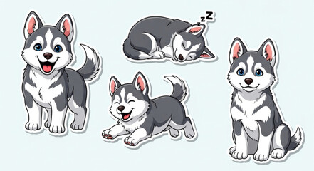 Cute cartoon husky puppies in various poses and expressions. © Isti