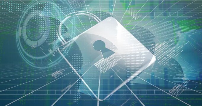 Animation of data processing over padlock icon and scope scannig on blue background