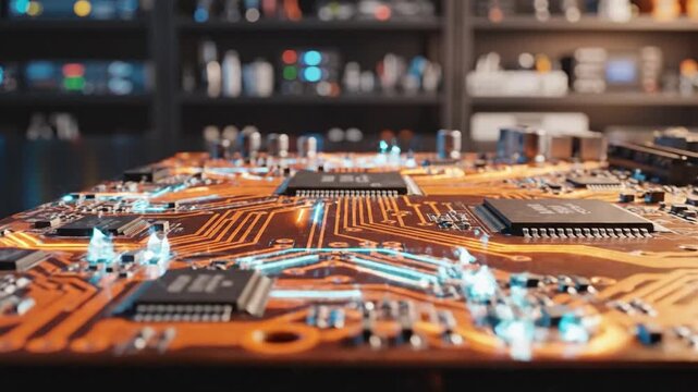 Electronic circuit board with glowing lights on a table, in a dark room, with shelves of components in the background