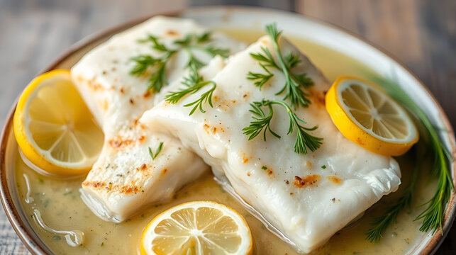 Steamed haddock fillets with garlic and lemon, garnished with fresh dill. Tasty dish. Delicious meal