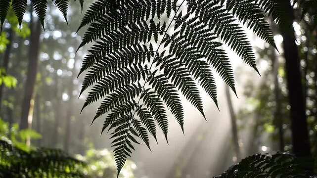 Tropical forest with fern leaves sunlight.