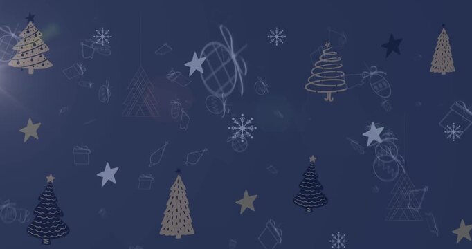 Animation of christmas concept icons falling over christmas tree and star icons on blue background