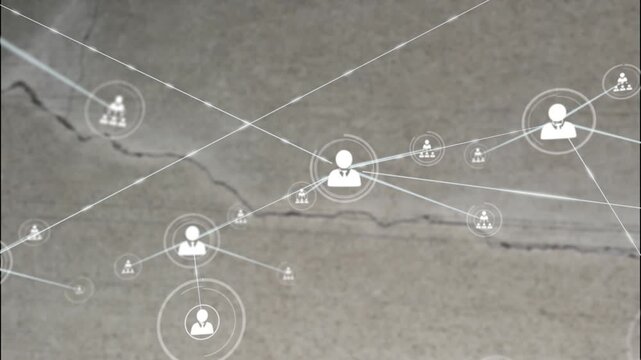 Animation of network of connections with icons over crack in grey surface