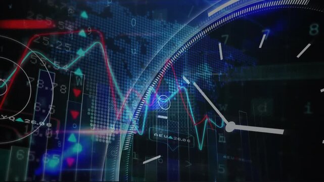 Animation of financial data processing over clock and world map