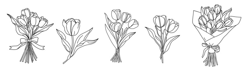 Hand drawn tulip bouquets and single tulip flower in clean black line art. April birth month flower botanical set isolated on white, perfect for spring designs, greeting cards, invitations, and crafts © Creative_Juice_Art