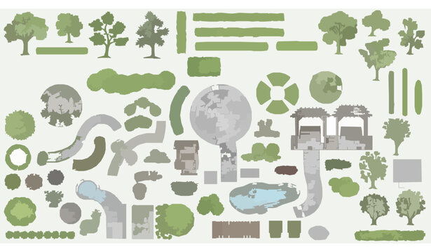 Professional landscape design elements vector pack with trees shrubs paths ponds and garden planning symbols