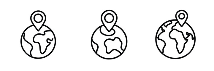 Global location and earth globe outline icon set with world map pin, international travel navigation, regional destination pointer more vector illustration or editable stroke. © Purnorup Dream IT 