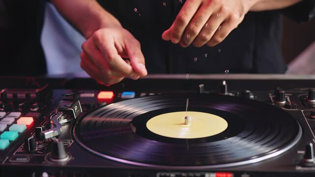 Male DJ with light skin mixes music on turntable, dropping vinyl record onto spinning platter, colorful lights illuminating the scene in a modern club environment