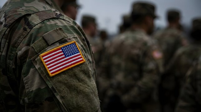 A group of army soldier in uniform stand at attention, proudly displaying the American flag patch on their sleeves