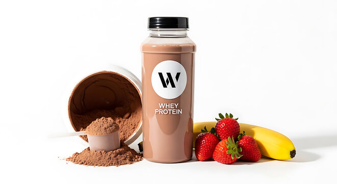 Chocolate protein shake with ingredients including strawberries and banana on transparent background