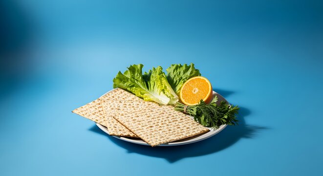 Passover seder plate with matzah lettuce orange and herbs on blue background