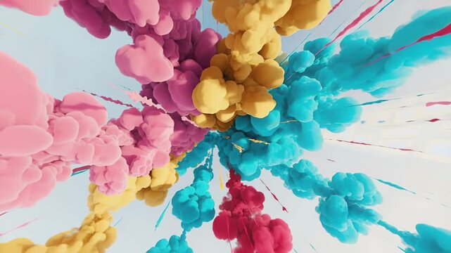 Colorful smoke clouds in pink, yellow, and blue swirl and expand dynamically against a bright background, creating a vibrant visual spectacle of flowing colors