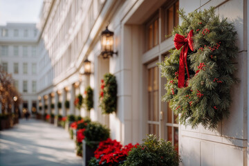Fototapeta premium Christmas Wreaths and Festive Decorations Along Elegant City Street Capturing Holiday