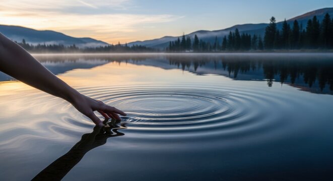 Human hand in water creates gentle ripples on calm lake, reflecting distant mountains. Serene hand in water captures tranquil moment at dawn, evoking purity, connection.