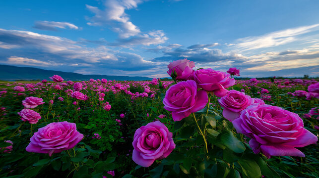 AI generator images of field of Giant Tecolote Ranunculus and Pomponella Rose features flowers in various colors, including pink, red, yellow, and white.