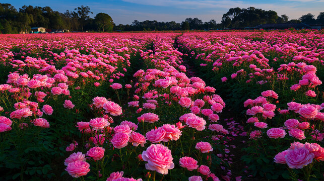 AI generator images of field of Giant Tecolote Ranunculus and Pomponella Rose features flowers in various colors, including pink, red, yellow, and white.