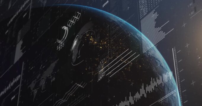 Animation of loading bars, graphs over rotating globe against sun on abstract background