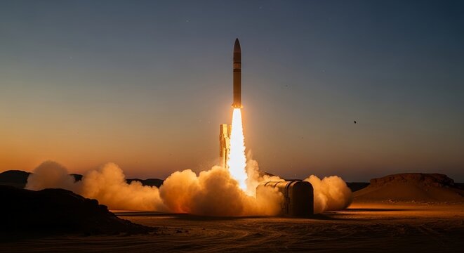 A powerful long-range missile or space rocket launching from a desert facility at dawn or dusk, emitting a fiery propulsion blast and a dramatic smoke plume.