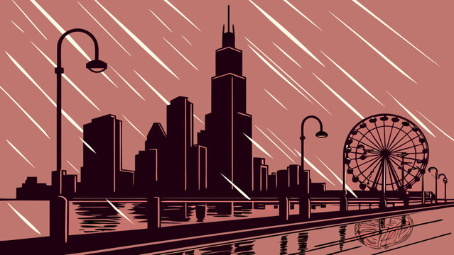 Cityscape Silhouette Under Heavy Rainfall with Waterfront Ferris Wheel and Streetlights Stylized Artwork chicago skyline vector
