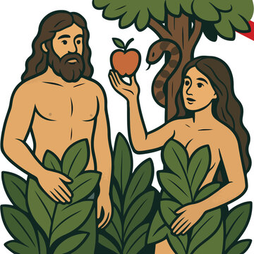 Adam and Eve in Garden of Eden Forbidden Fruit Apple Snake Serpent Original Sin Genesis Concept Vector Illustration Bible Story Old Testament