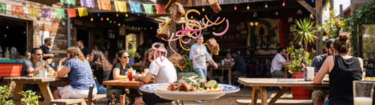 Culinary Innovation Concept Food Levitation with Pork Belly and Pickled Onions at Outdoor Restaurant Slow Motion.