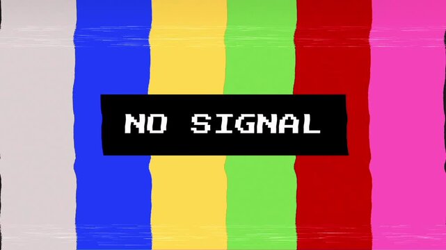 Retro television screen displaying classic color bars with a prominent 'NO SIGNAL' message, symbolizing a lost connection, broadcast interruption, or system error