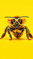 Naklejka premium Bee wearing stylish sunglasses on bright yellow background, humor in nature, insect fashion, creative photography, playful concept, close-up detailed view, vibrant color contrast