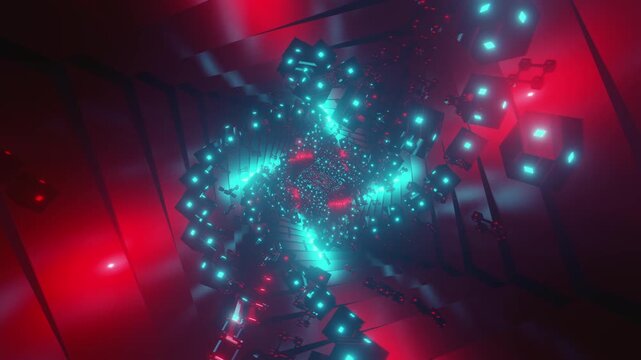 Seamless vj loop video of an abstract geometric tunnel with glowing light for high-tech club visuals,  electronic music festivals, stage screens and for LED video walls