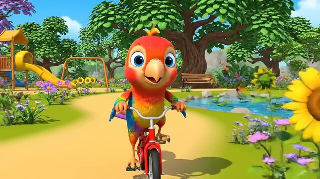 Adorable cartoon parrot riding a bicycle in a sunny park, surrounded by trees and flowers, with a playground and pond in the background