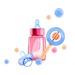 Watercolor composition with pink baby bottle for milk, blue baby rattle and blue pacifier for newborn babies.