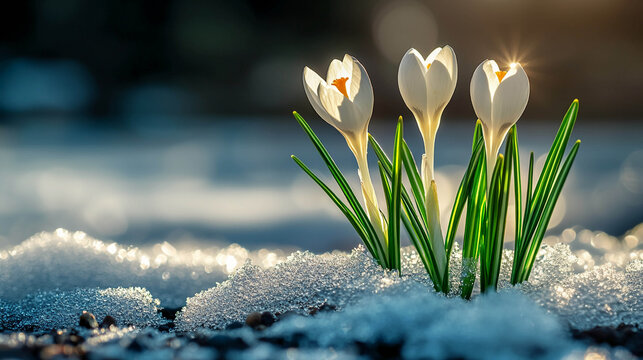 A group of white crocuses pokes through the snow, which is sparkling in the sun, and the first spring flowers are captured in a blurred background.
