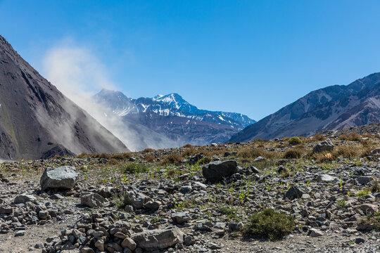 Embalse El Yeso reservoir with Andes mountains landscape in Chile
