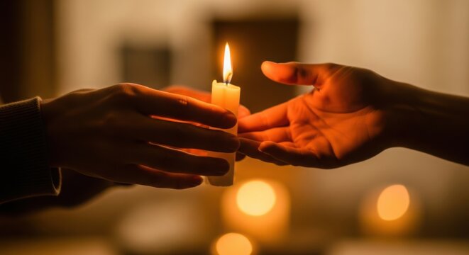 Gentle hands whisk illuminated candle, carefully passing bright flame with warm glow, symbolizing hope, whisking away darkness. Concept whisk for design-forward textures,