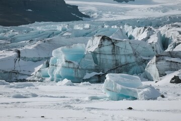 Glacial ice formations and icebergs in a polar landscape