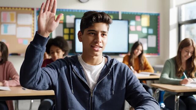 young smiling hispanic teenage boy raising hand in classroom. happy high school student sitting at desk with book. education, learning concept. academic participation.
