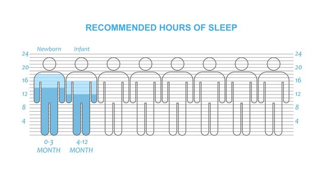 Recommended hours of sleep by age group from newborn to elderly. Healthy lifestyle sleeping. Infographic displays the optimal value.