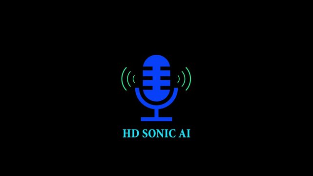 Blue microphone icon with AI text and sound waves animation