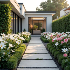 Luxury modern villa front yard garden with sculpted flower beds roses hydrangeas and elegant pathway lighting, sunset golden glow reflecting on house facade