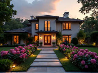 Fototapeta premium Modern minimalist home front garden with neatly arranged flower beds of white lilies and pastel roses, smooth stone walkway and trimmed hedges