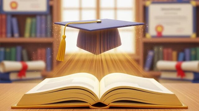 Graduation Cap on Open Book Symbolizing Education.