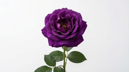 Fototapeta premium Rosa morada en plena floración aislada sobre fondo blanco neutro con iluminación de estudio. Imagen elegante y minimalista que simboliza misterio, elegancia y belleza natural.