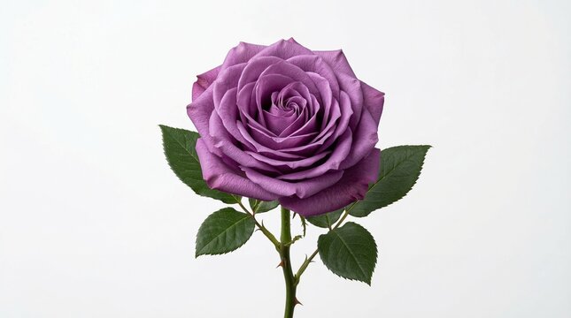Rosa morada en plena floraci&oacute;n aislada sobre fondo blanco neutro con iluminaci&oacute;n de estudio. Imagen elegante y minimalista que simboliza misterio, elegancia y belleza natural.