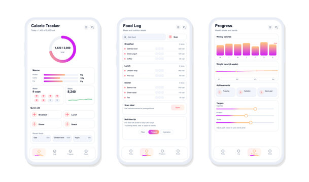 Calorie tracker UI screens with food log, macros, hydration and progress charts. Modern mobile fitness app template for nutrition planning, health goals, meal tracking and wellness stats.