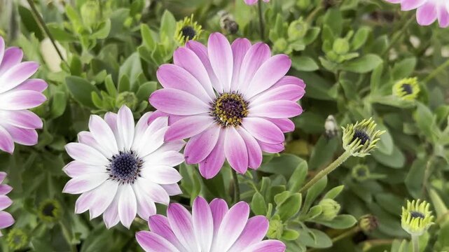 Spettacolare fiore di pianta Margherita in dettaglio con primo piano della siepe verde completa