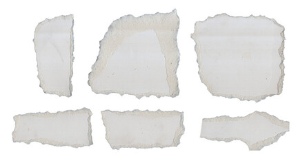 Fototapeta premium White paper scraps with rough torn edges, Collection of isolated irregular random cardboard shapes, Decorative collage elements for creative and minimalist mockup design