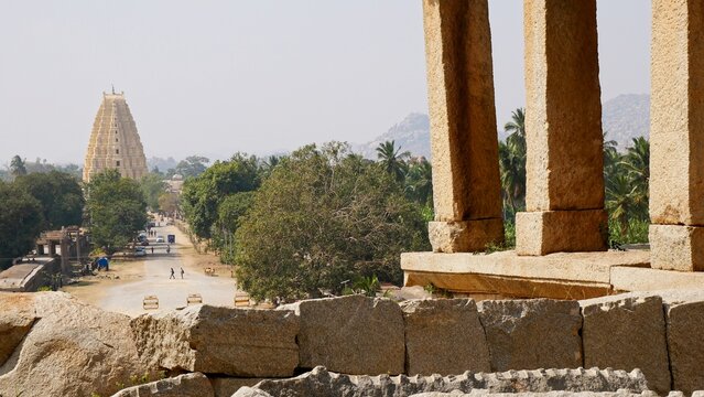 Ancient 14th century ruins of Hampi in Karnataka, India. Part of an extensive area protected as a UNESCO heritage site, filled with old structures of temples and palaces.