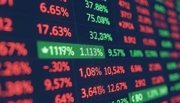 Dynamic stock market board showing changing percentage of profit and loss. Financial trading screen with red and green volatility indicators