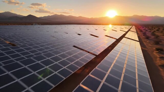 A sprawling solar panel array glimmers under a vibrant sunset in a desert landscape