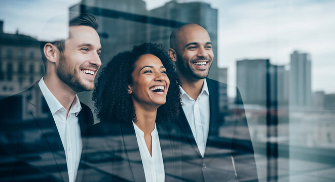 Smiling corporate team looking forward perfect for visionary business leadership and successful future